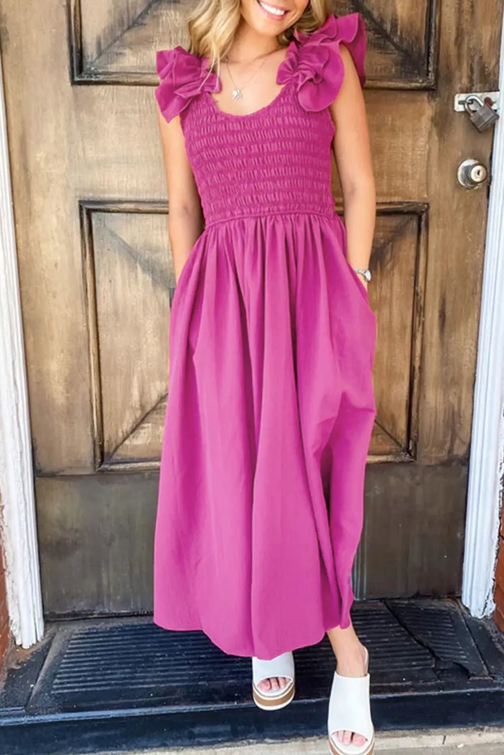 Grateful Threads Boutique Rose Red Solid Color Ruffled Straps Smocked Ruched Maxi Dress - Dresses Rose Red Solid Color Ruffled Straps Smocked Ruched Maxi Dress