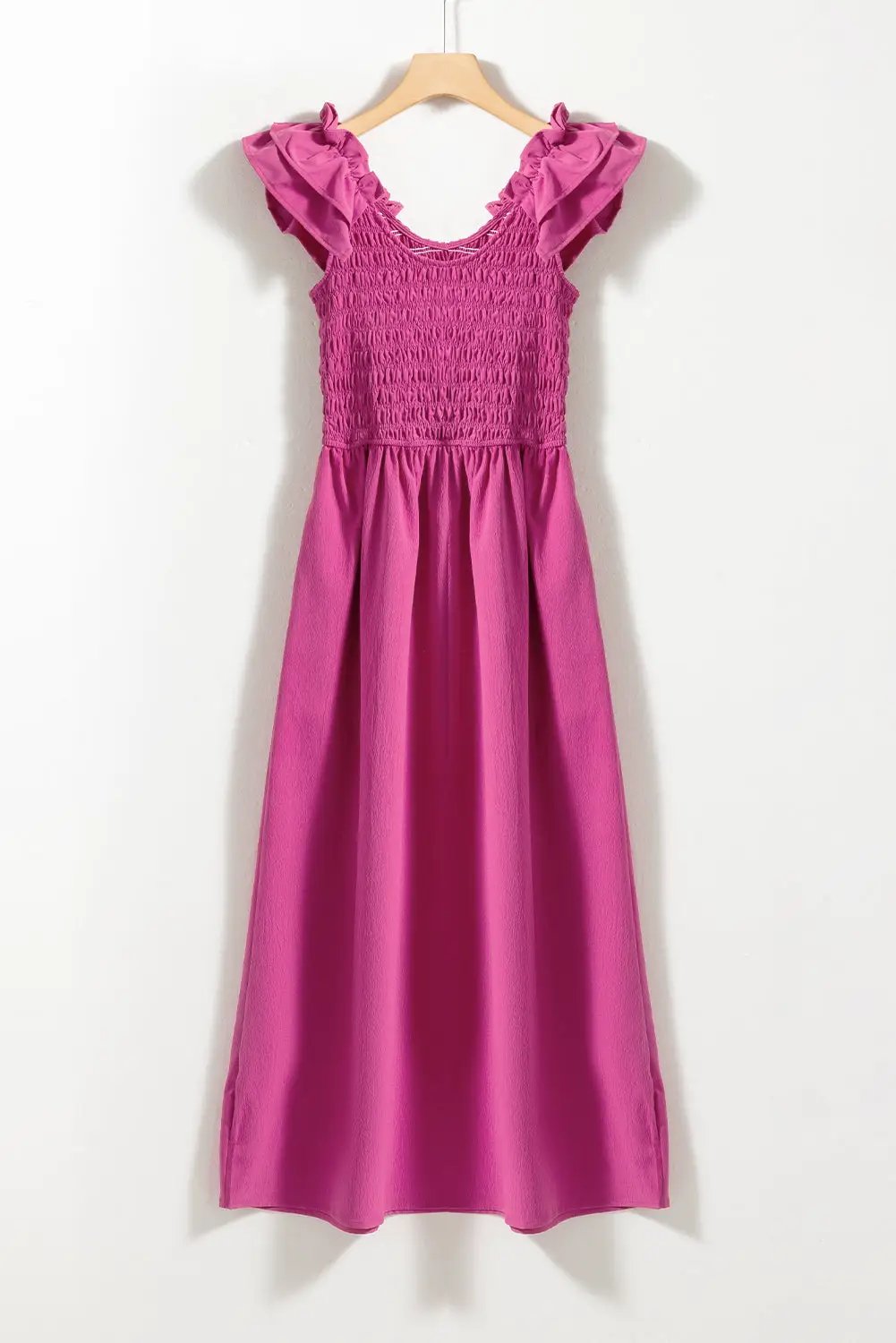 Grateful Threads Boutique Rose Red Solid Color Ruffled Straps Smocked Ruched Maxi Dress - Dresses Rose Red Solid Color Ruffled Straps Smocked Ruched Maxi Dress