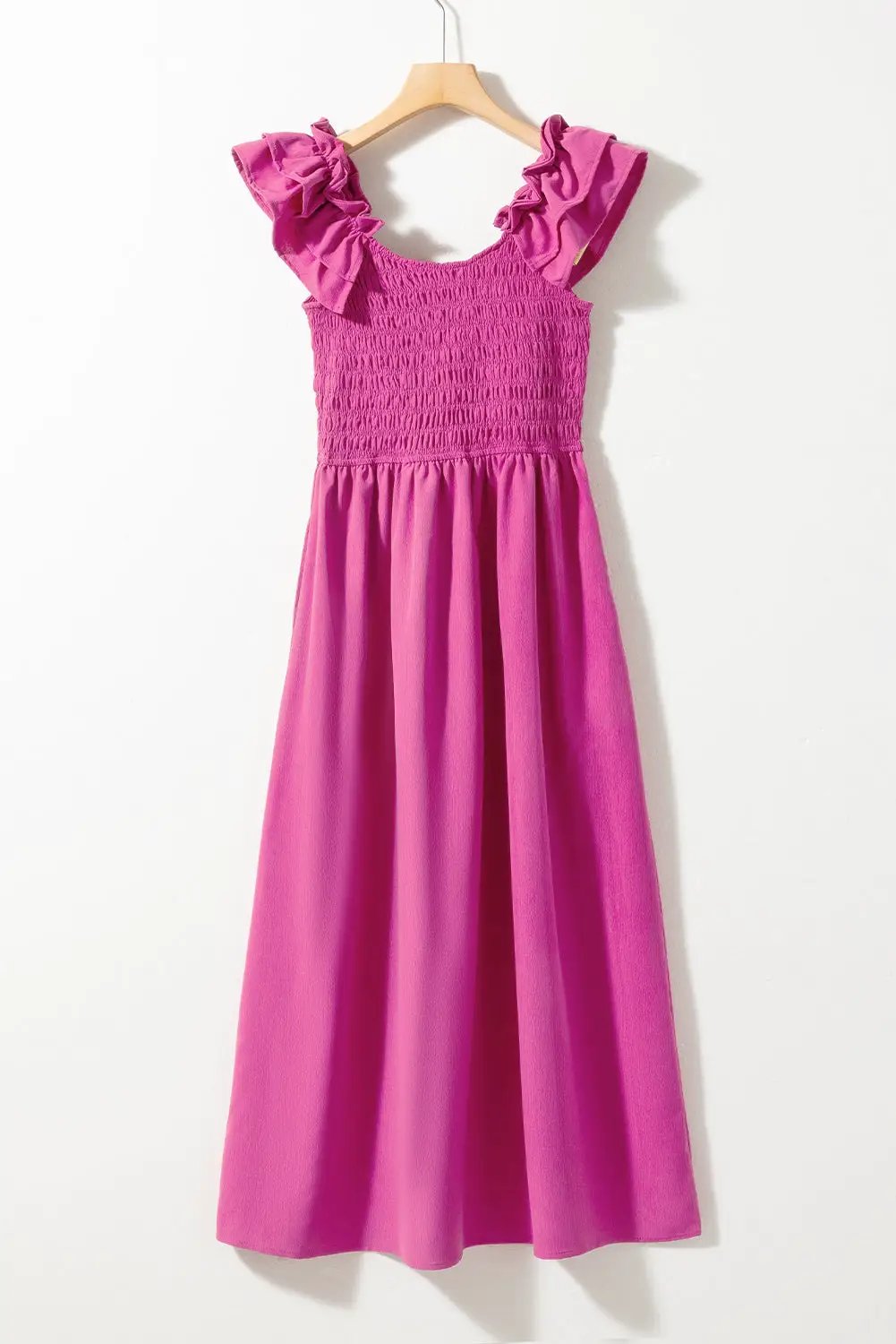 Grateful Threads Boutique Rose Red Solid Color Ruffled Straps Smocked Ruched Maxi Dress - Dresses Rose Red Solid Color Ruffled Straps Smocked Ruched Maxi Dress