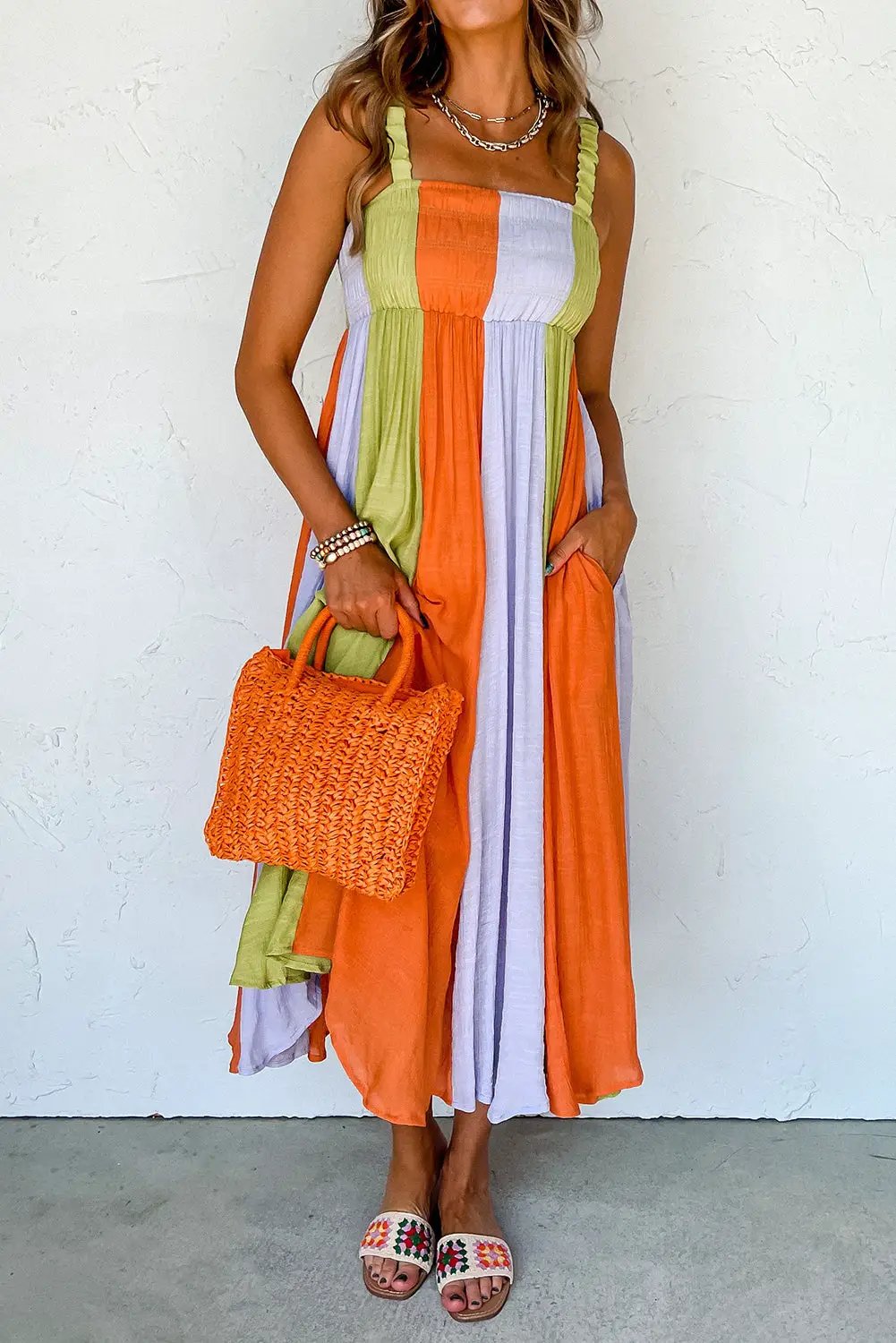 Grateful Threads Boutique Tropical Breeze Color Block Shirred High Waist Fit and Flare Maxi Dress - Dresses Green Color Block Shirred High Waist Fit and Flare Maxi Dress