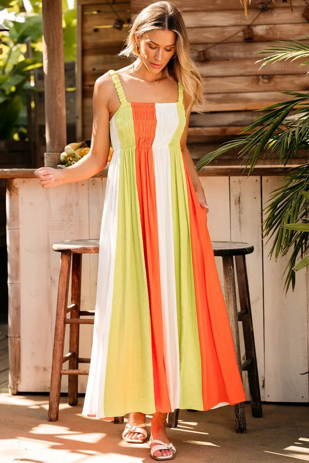 Grateful Threads Boutique Tropical Breeze Color Block Shirred High Waist Fit and Flare Maxi Dress - Dresses Green Color Block Shirred High Waist Fit and Flare Maxi Dress