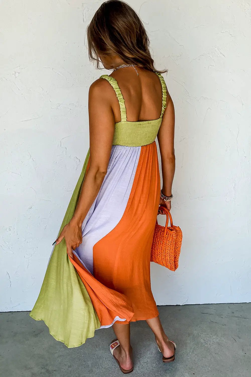 Grateful Threads Boutique Tropical Breeze Color Block Shirred High Waist Fit and Flare Maxi Dress - Dresses Green Color Block Shirred High Waist Fit and Flare Maxi Dress