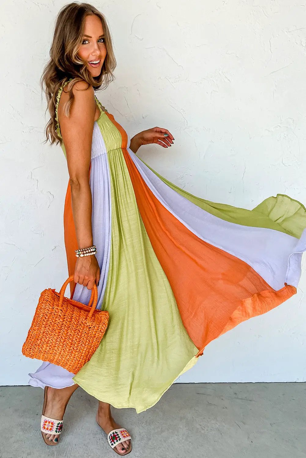 Grateful Threads Boutique Tropical Breeze Color Block Shirred High Waist Fit and Flare Maxi Dress - Dresses Green Color Block Shirred High Waist Fit and Flare Maxi Dress