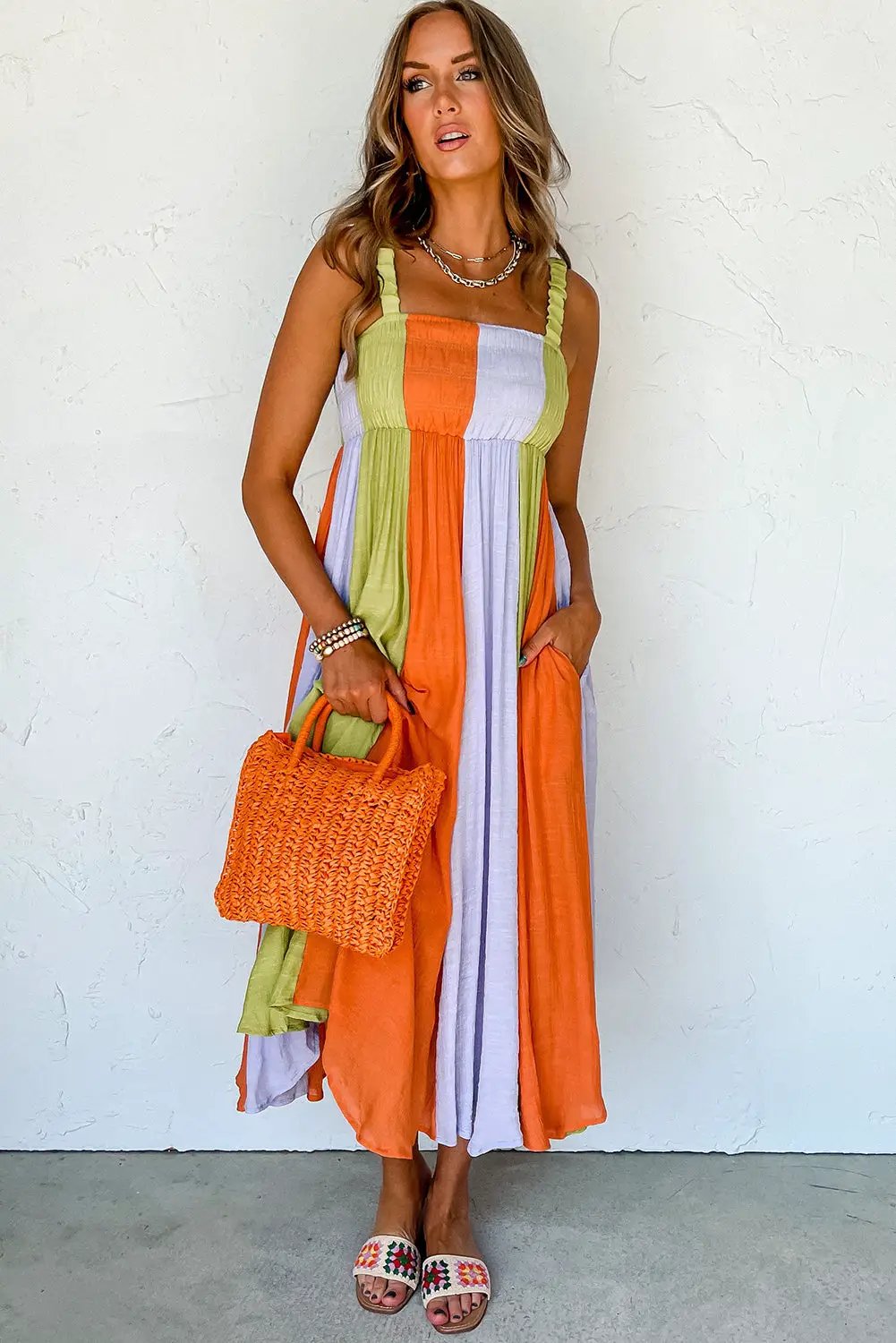 Grateful Threads Boutique Tropical Breeze Color Block Shirred High Waist Fit and Flare Maxi Dress - Dresses Green Color Block Shirred High Waist Fit and Flare Maxi Dress