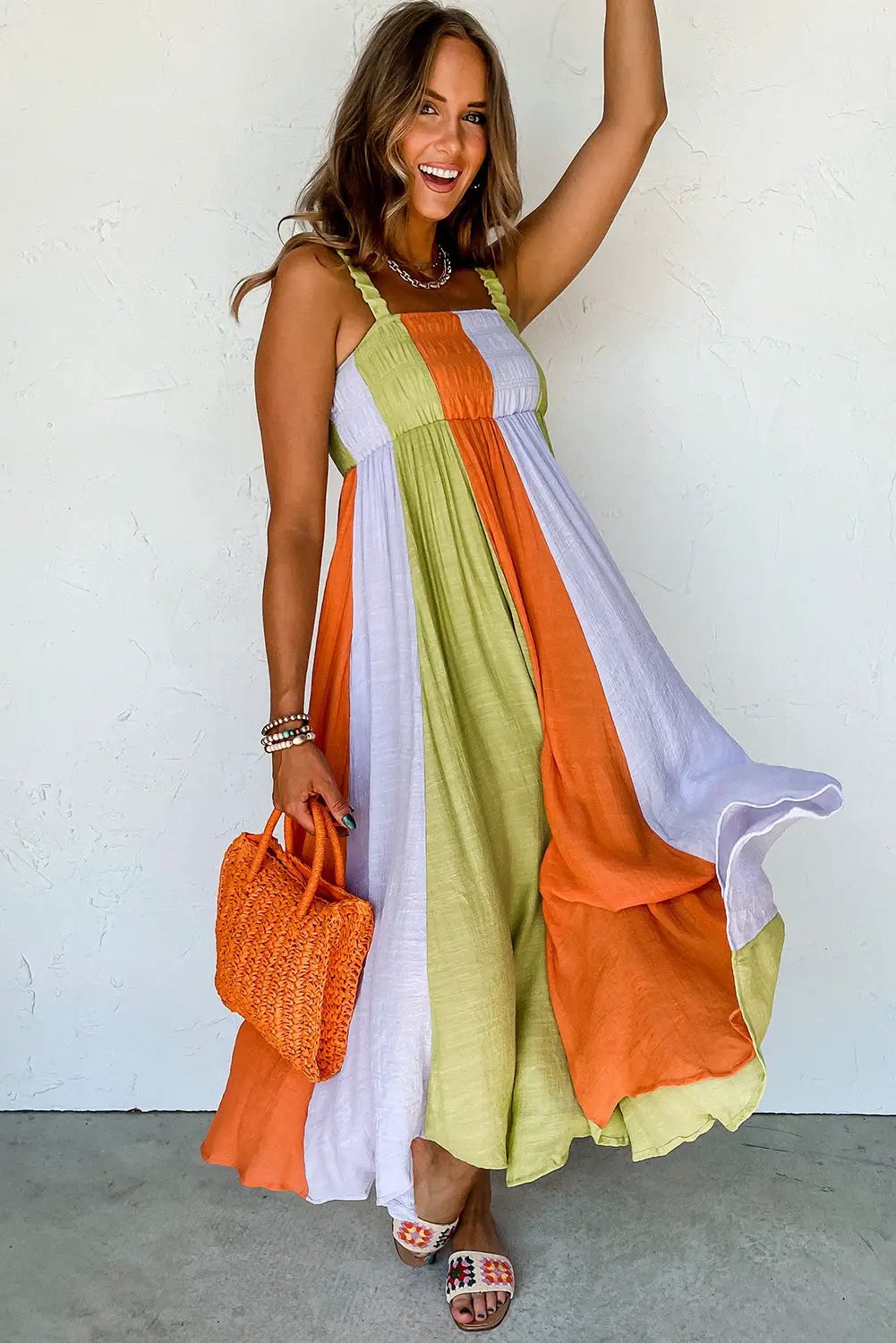 Grateful Threads Boutique Tropical Breeze Color Block Shirred High Waist Fit and Flare Maxi Dress - Dresses Green Color Block Shirred High Waist Fit and Flare Maxi Dress