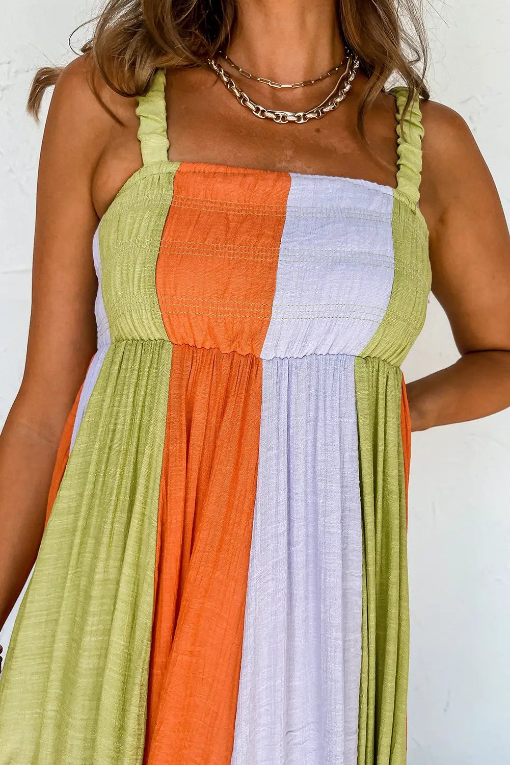 Grateful Threads Boutique Tropical Breeze Color Block Shirred High Waist Fit and Flare Maxi Dress - Dresses Green Color Block Shirred High Waist Fit and Flare Maxi Dress