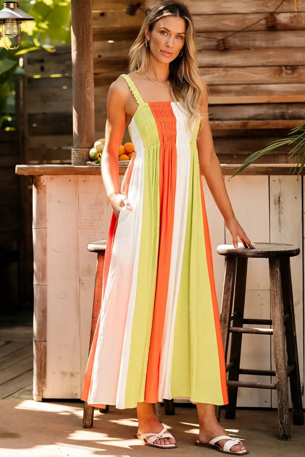 Grateful Threads Boutique Tropical Breeze Color Block Shirred High Waist Fit and Flare Maxi Dress - Dresses Green Color Block Shirred High Waist Fit and Flare Maxi Dress
