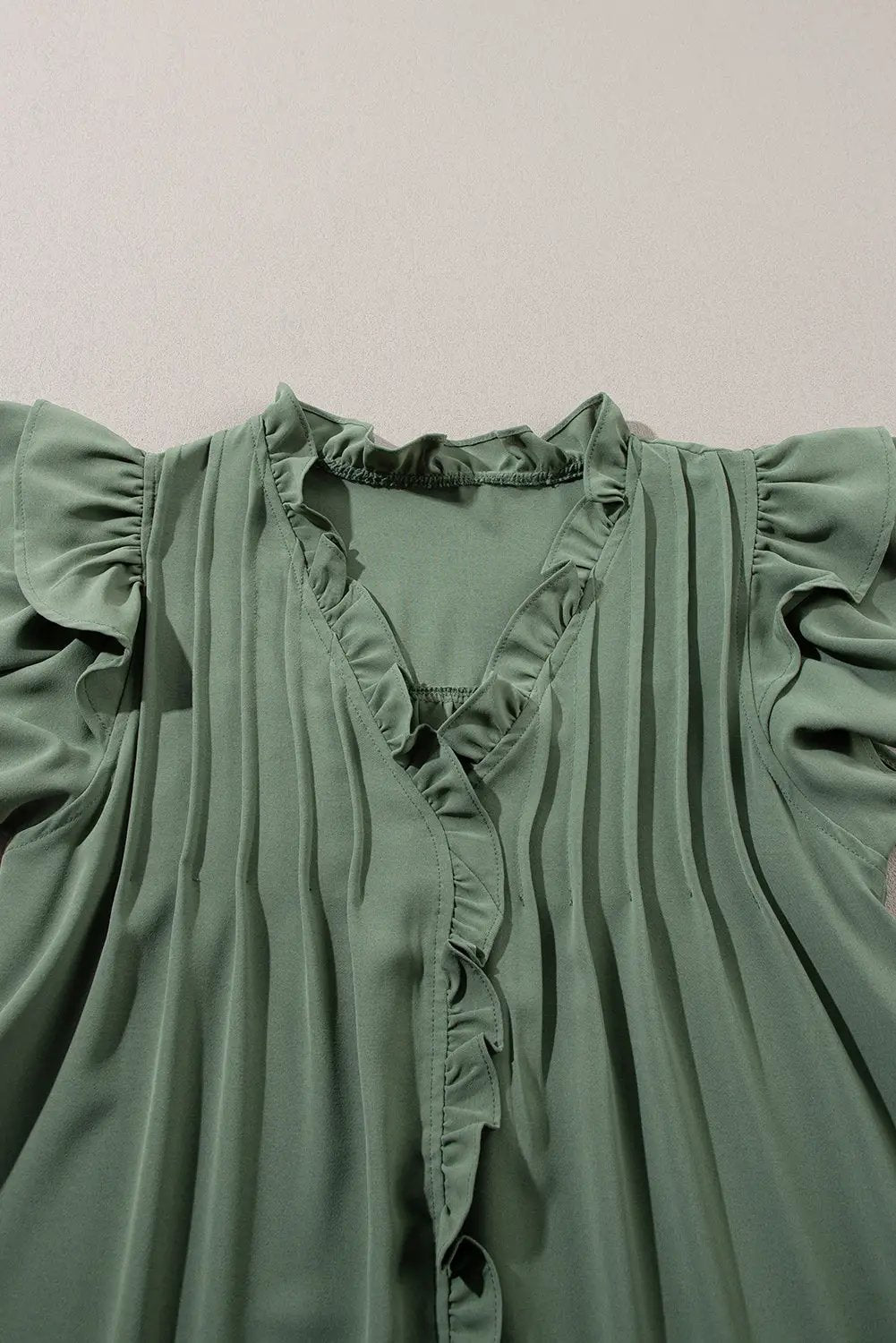 Grateful Threads Boutique Mist Green Ruffle Sleeve V-Neck Frilled Shift Dress - Dresses Mist Green Ruffle Sleeve V Neck Frilled Shift Dress