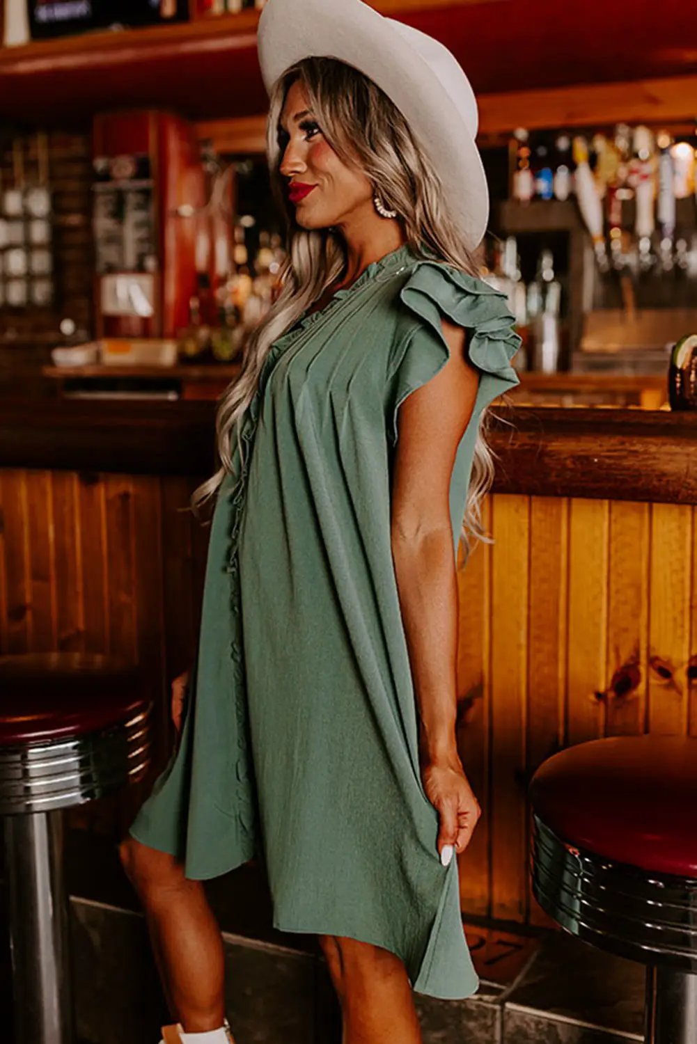 Grateful Threads Boutique Mist Green Ruffle Sleeve V-Neck Frilled Shift Dress - Dresses Mist Green Ruffle Sleeve V Neck Frilled Shift Dress
