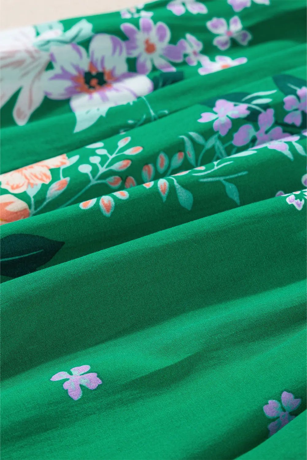 Grateful Threads Boutique Green Floral Print Bubble Sleeve Smocked Tiered Midi Dress - Dresses Green Floral Print Bubble Sleeve Smocked Tiered Midi Dress