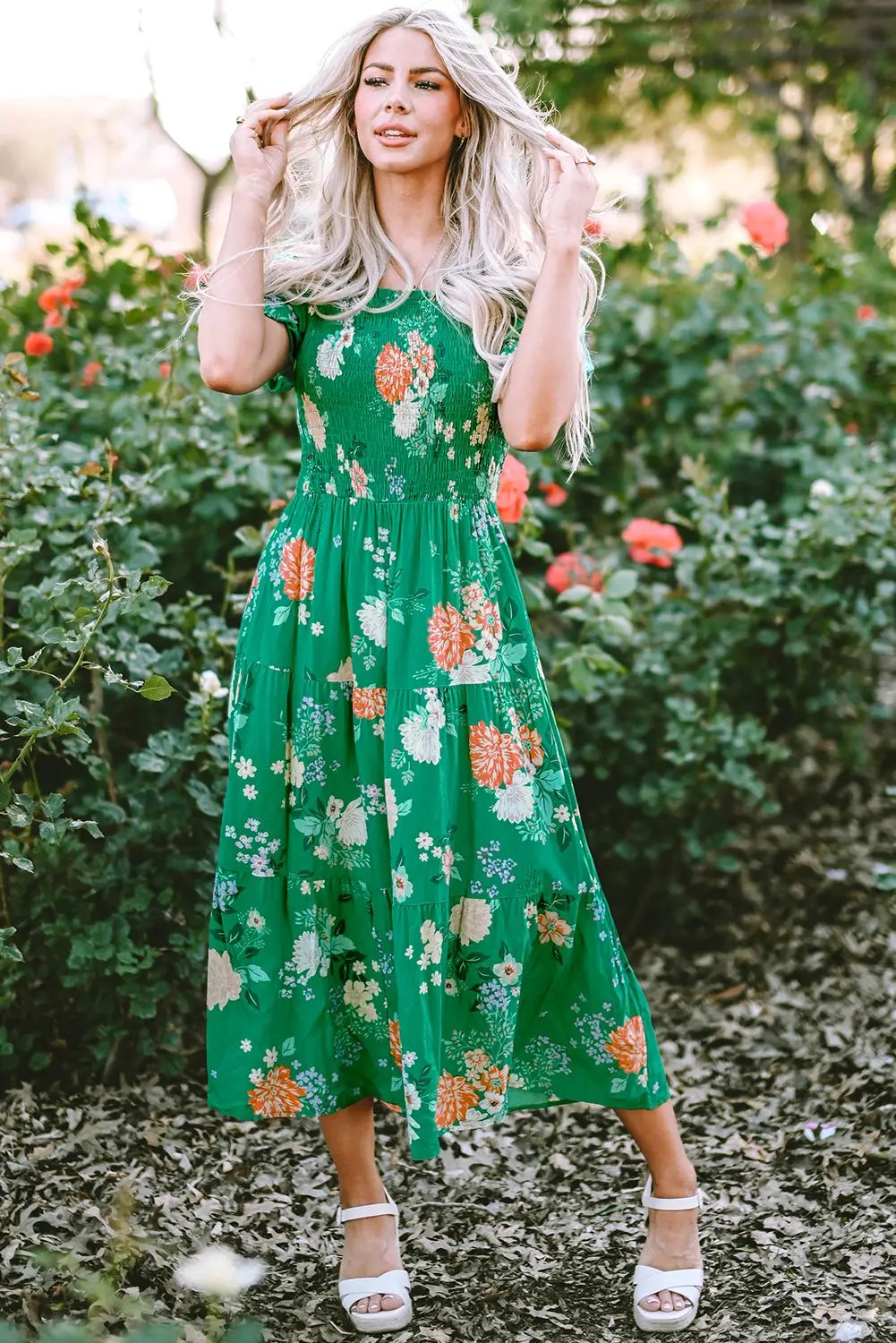 Grateful Threads Boutique Green Floral Print Bubble Sleeve Smocked Tiered Midi Dress - Dresses Green Floral Print Bubble Sleeve Smocked Tiered Midi Dress