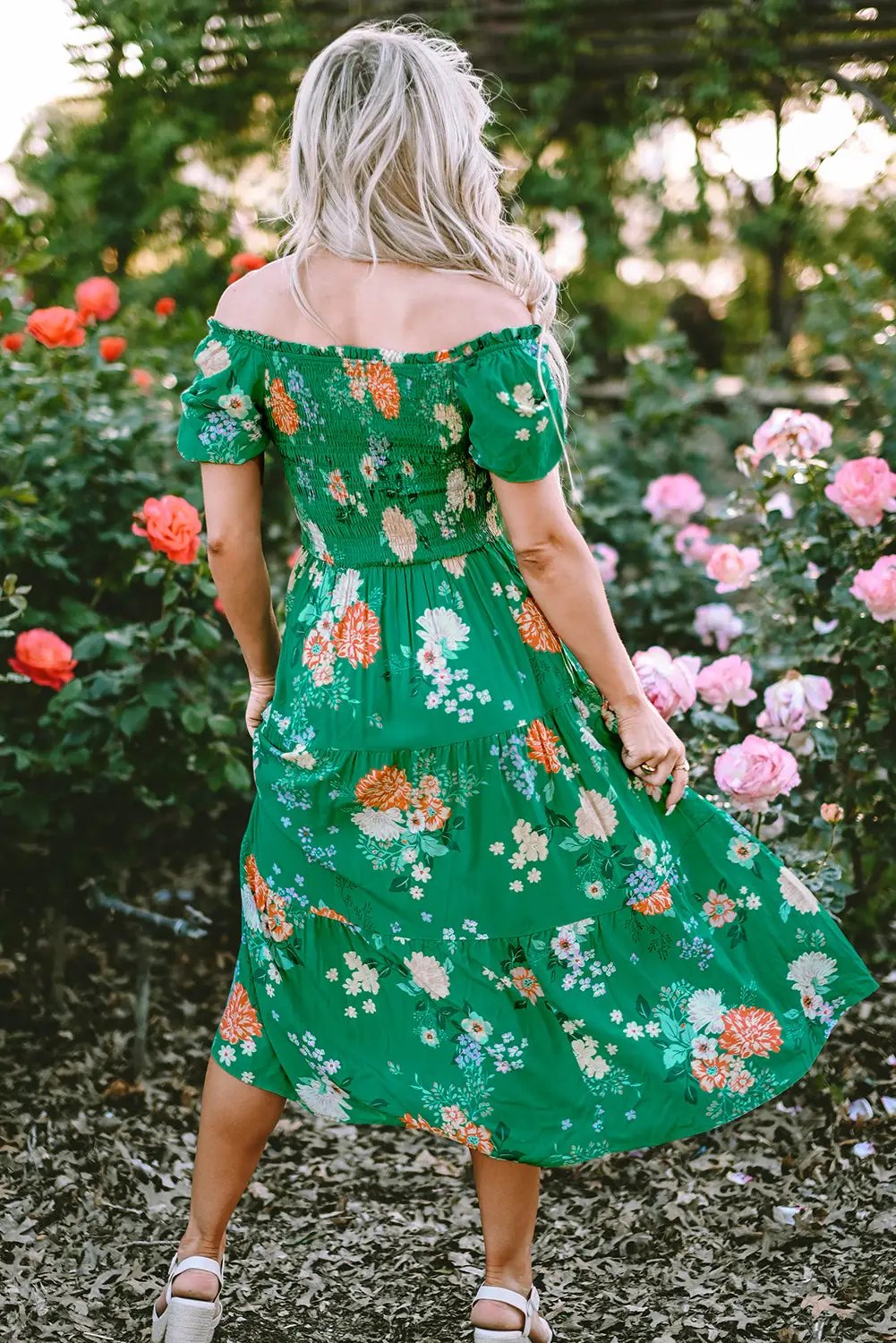 Grateful Threads Boutique Green Floral Print Bubble Sleeve Smocked Tiered Midi Dress - Dresses Green Floral Print Bubble Sleeve Smocked Tiered Midi Dress