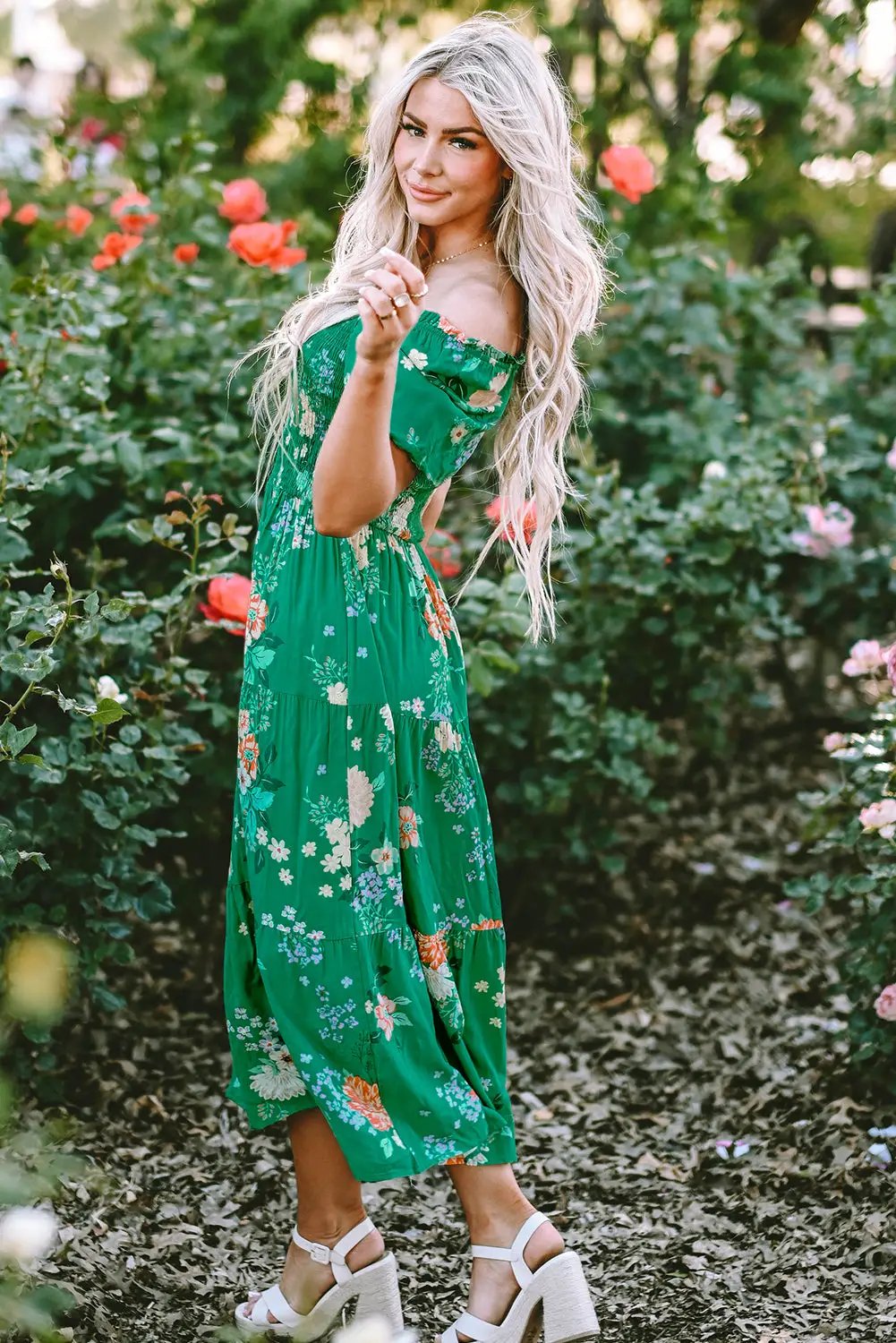 Grateful Threads Boutique Green Floral Print Bubble Sleeve Smocked Tiered Midi Dress - Dresses Green Floral Print Bubble Sleeve Smocked Tiered Midi Dress