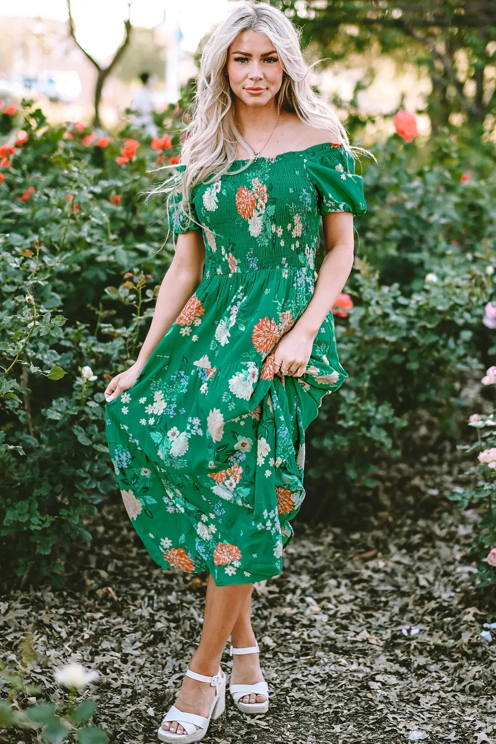 Grateful Threads Boutique Green Floral Print Bubble Sleeve Smocked Tiered Midi Dress - Dresses Green Floral Print Bubble Sleeve Smocked Tiered Midi Dress