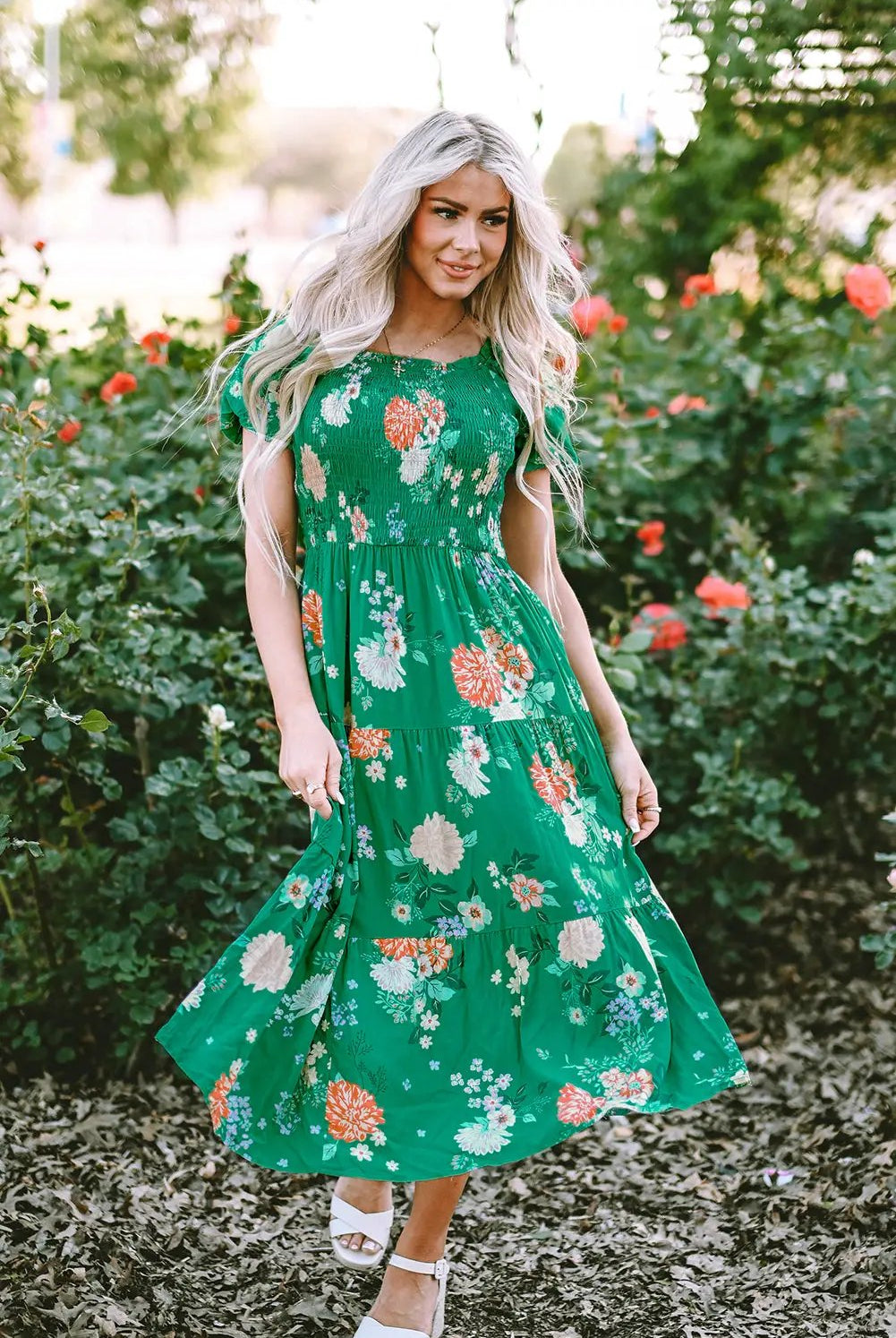 Grateful Threads Boutique Green Floral Print Bubble Sleeve Smocked Tiered Midi Dress - Dresses Green Floral Print Bubble Sleeve Smocked Tiered Midi Dress