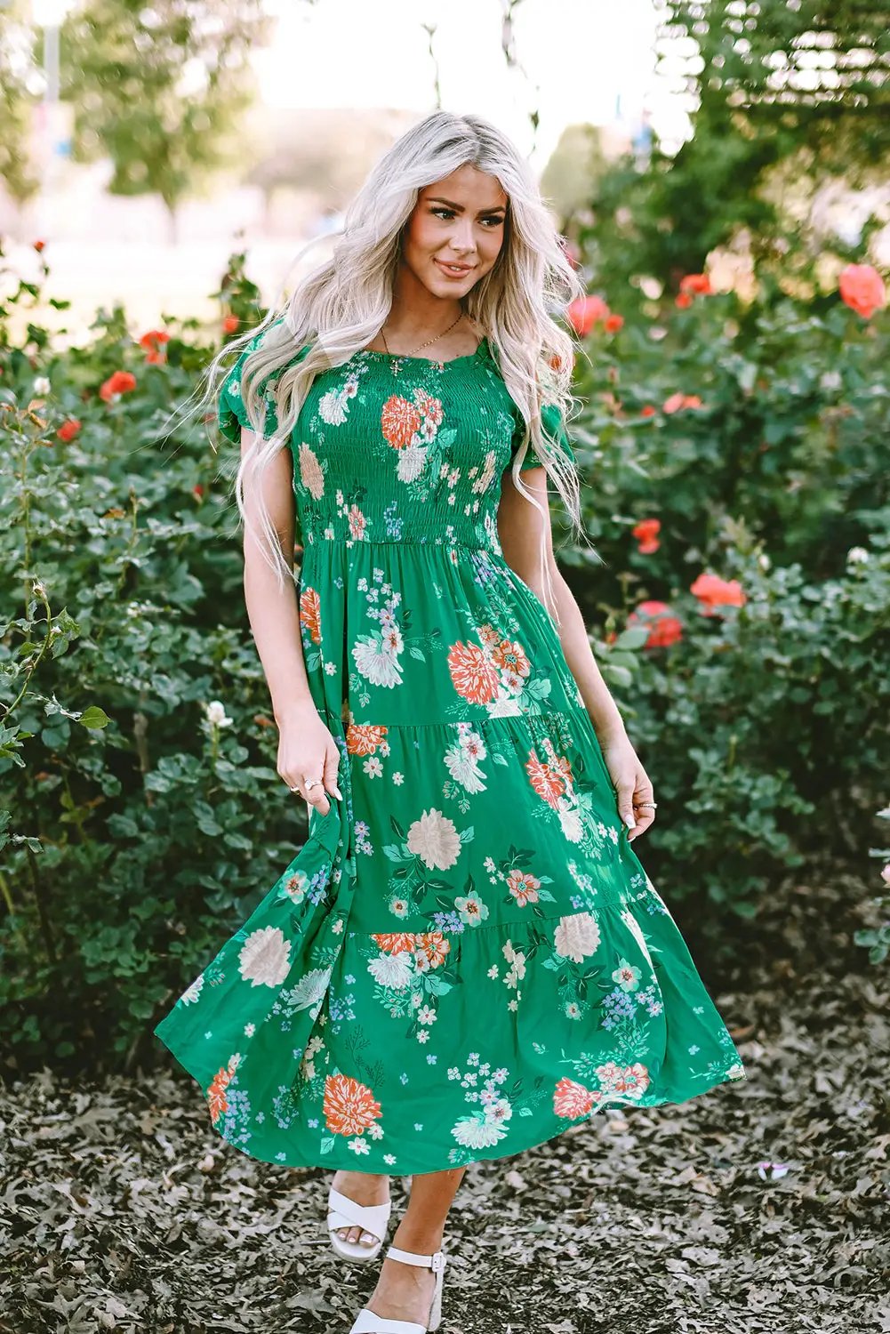 Grateful Threads Boutique Green Floral Print Bubble Sleeve Smocked Tiered Midi Dress - Dresses Green Floral Print Bubble Sleeve Smocked Tiered Midi Dress