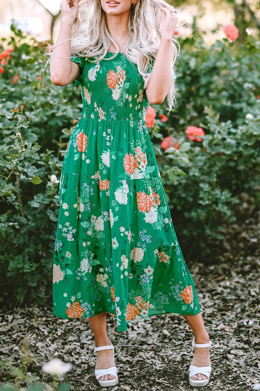 Grateful Threads Boutique Green Floral Print Bubble Sleeve Smocked Tiered Midi Dress - Dresses Green Floral Print Bubble Sleeve Smocked Tiered Midi Dress
