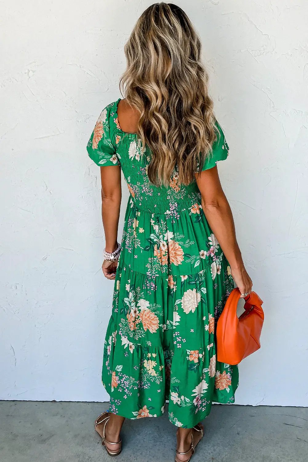 Grateful Threads Boutique Green Floral Print Bubble Sleeve Smocked Tiered Midi Dress - Dresses Green Floral Print Bubble Sleeve Smocked Tiered Midi Dress