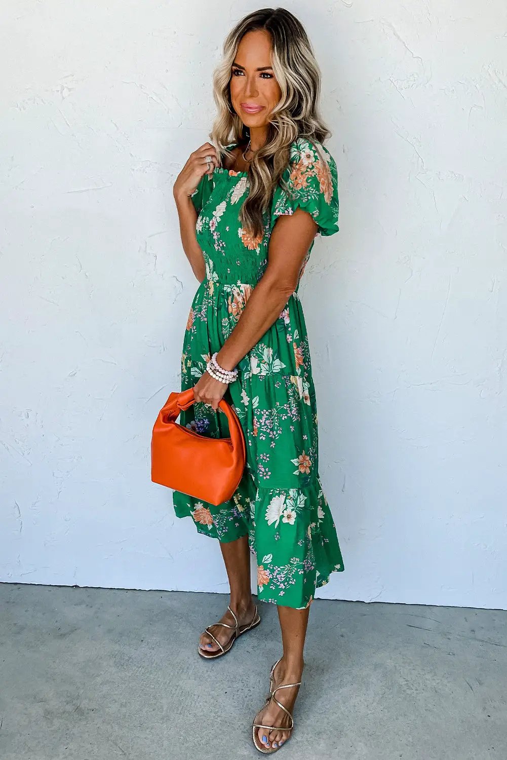 Grateful Threads Boutique Green Floral Print Bubble Sleeve Smocked Tiered Midi Dress - Dresses Green Floral Print Bubble Sleeve Smocked Tiered Midi Dress