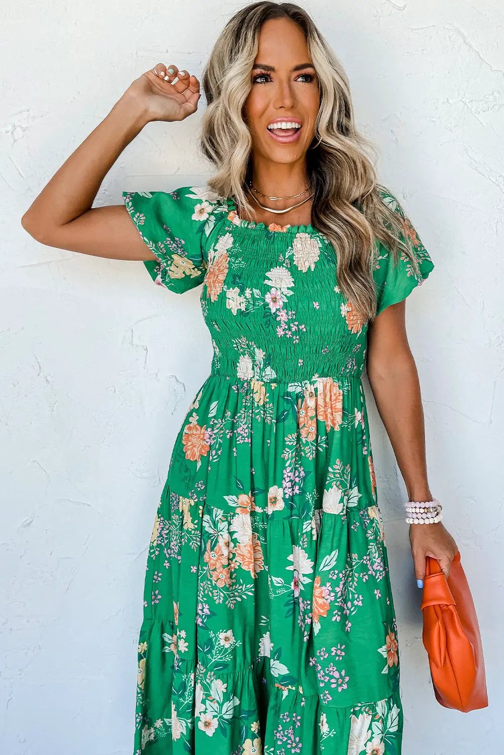 Grateful Threads Boutique Green Floral Print Bubble Sleeve Smocked Tiered Midi Dress - Dresses Green Floral Print Bubble Sleeve Smocked Tiered Midi Dress