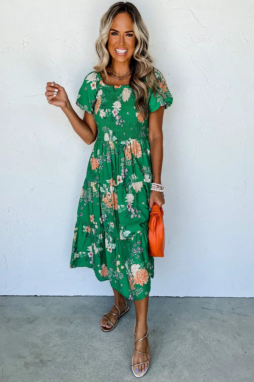 Grateful Threads Boutique Green Floral Print Bubble Sleeve Smocked Tiered Midi Dress - Dresses Green Floral Print Bubble Sleeve Smocked Tiered Midi Dress
