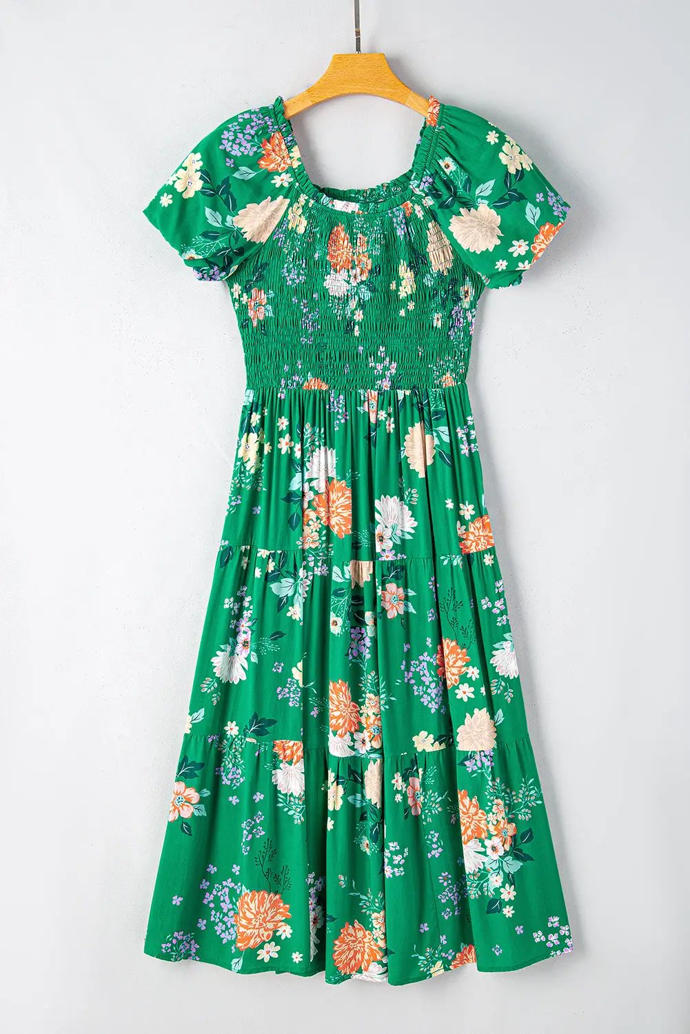 Grateful Threads Boutique Green Floral Print Bubble Sleeve Smocked Tiered Midi Dress - Dresses Green Floral Print Bubble Sleeve Smocked Tiered Midi Dress