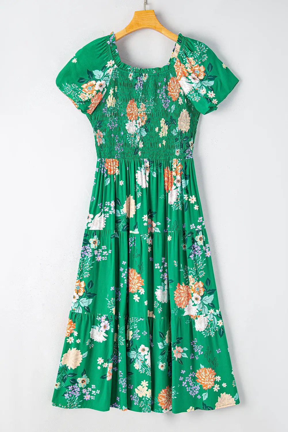 Grateful Threads Boutique Green Floral Print Bubble Sleeve Smocked Tiered Midi Dress - Dresses Green Floral Print Bubble Sleeve Smocked Tiered Midi Dress