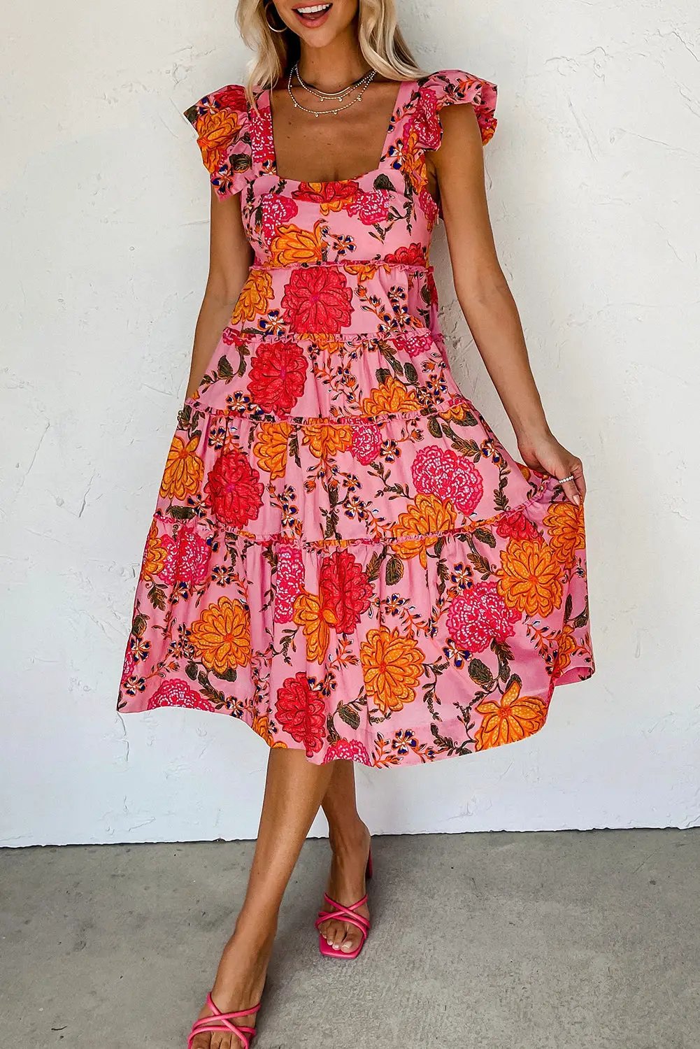 Grateful Threads Boutique Pink Floral Square Neck Ruffled Flutter Sleeve Tiered Midi Dress - Dresses Pink Floral Square Neck Ruffled Flutter Sleeve Tiered Midi Dress
