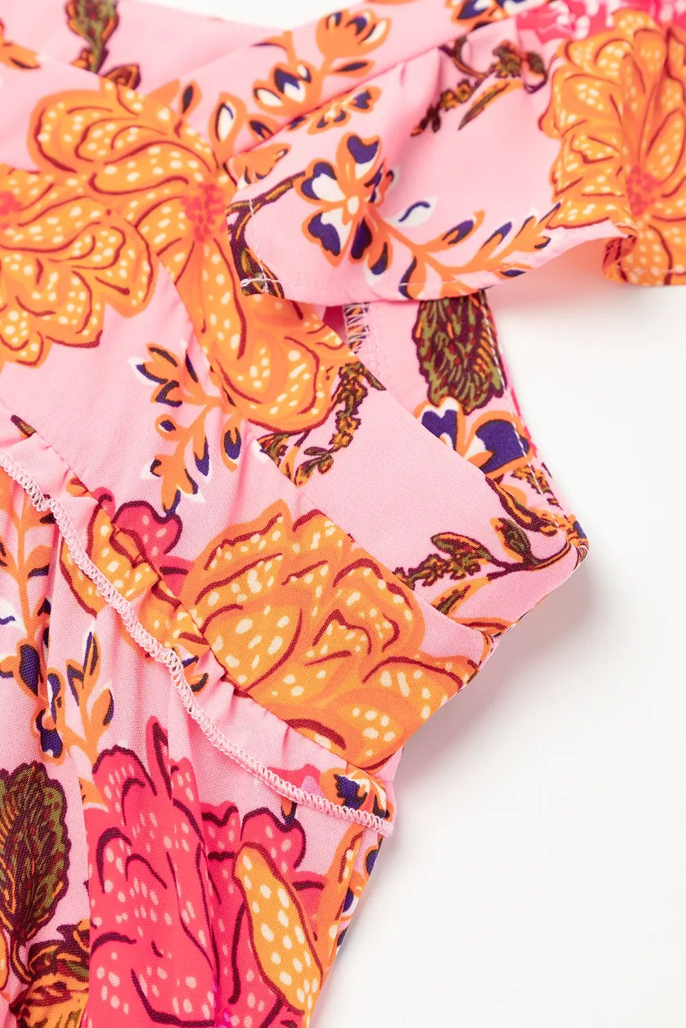 Grateful Threads Boutique Pink Floral Square Neck Ruffled Flutter Sleeve Tiered Midi Dress - Dresses Pink Floral Square Neck Ruffled Flutter Sleeve Tiered Midi Dress