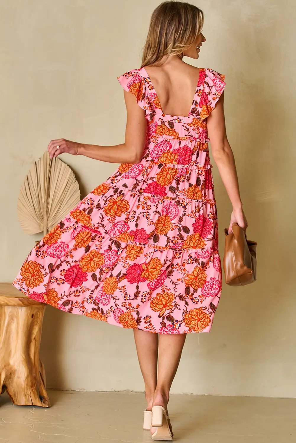 Grateful Threads Boutique Pink Floral Square Neck Ruffled Flutter Sleeve Tiered Midi Dress - Dresses Pink Floral Square Neck Ruffled Flutter Sleeve Tiered Midi Dress