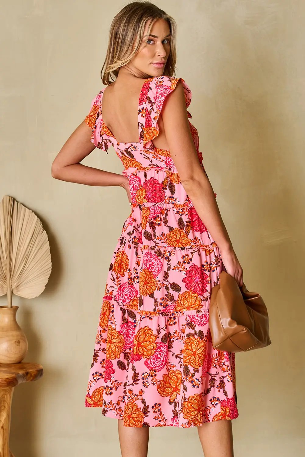 Grateful Threads Boutique Pink Floral Square Neck Ruffled Flutter Sleeve Tiered Midi Dress - Dresses Pink Floral Square Neck Ruffled Flutter Sleeve Tiered Midi Dress