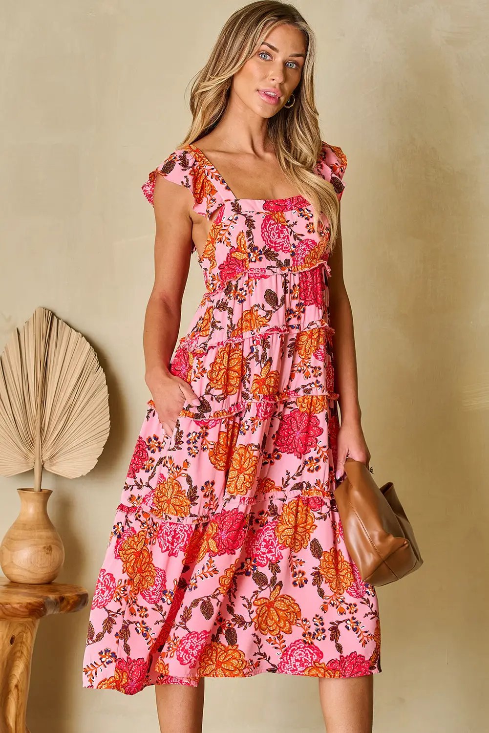 Grateful Threads Boutique Pink Floral Square Neck Ruffled Flutter Sleeve Tiered Midi Dress - Dresses Pink Floral Square Neck Ruffled Flutter Sleeve Tiered Midi Dress