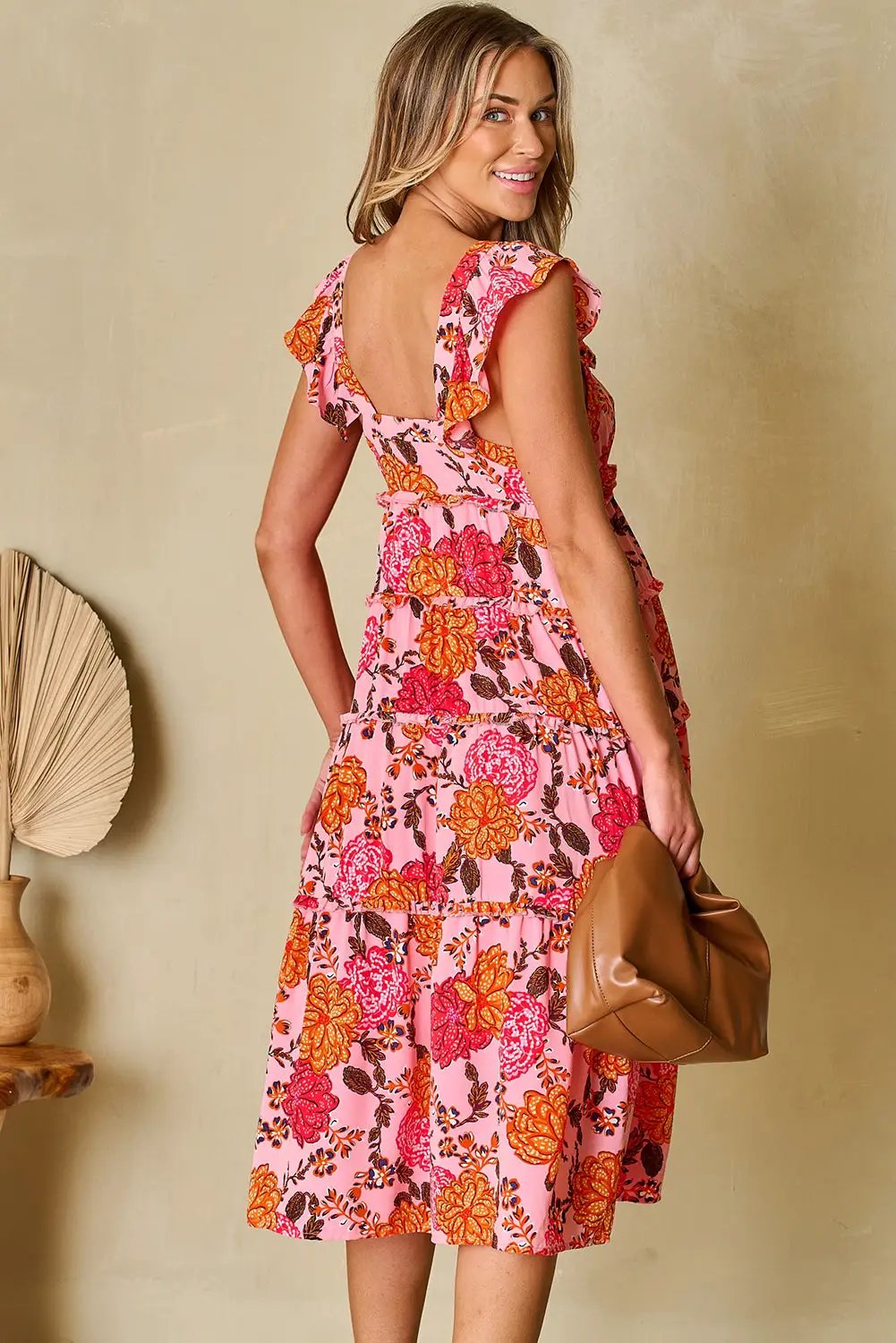 Grateful Threads Boutique Pink Floral Square Neck Ruffled Flutter Sleeve Tiered Midi Dress - Dresses Pink Floral Square Neck Ruffled Flutter Sleeve Tiered Midi Dress