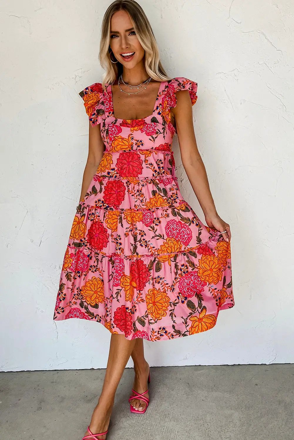 Grateful Threads Boutique Pink Floral Square Neck Ruffled Flutter Sleeve Tiered Midi Dress - Dresses Pink Floral Square Neck Ruffled Flutter Sleeve Tiered Midi Dress