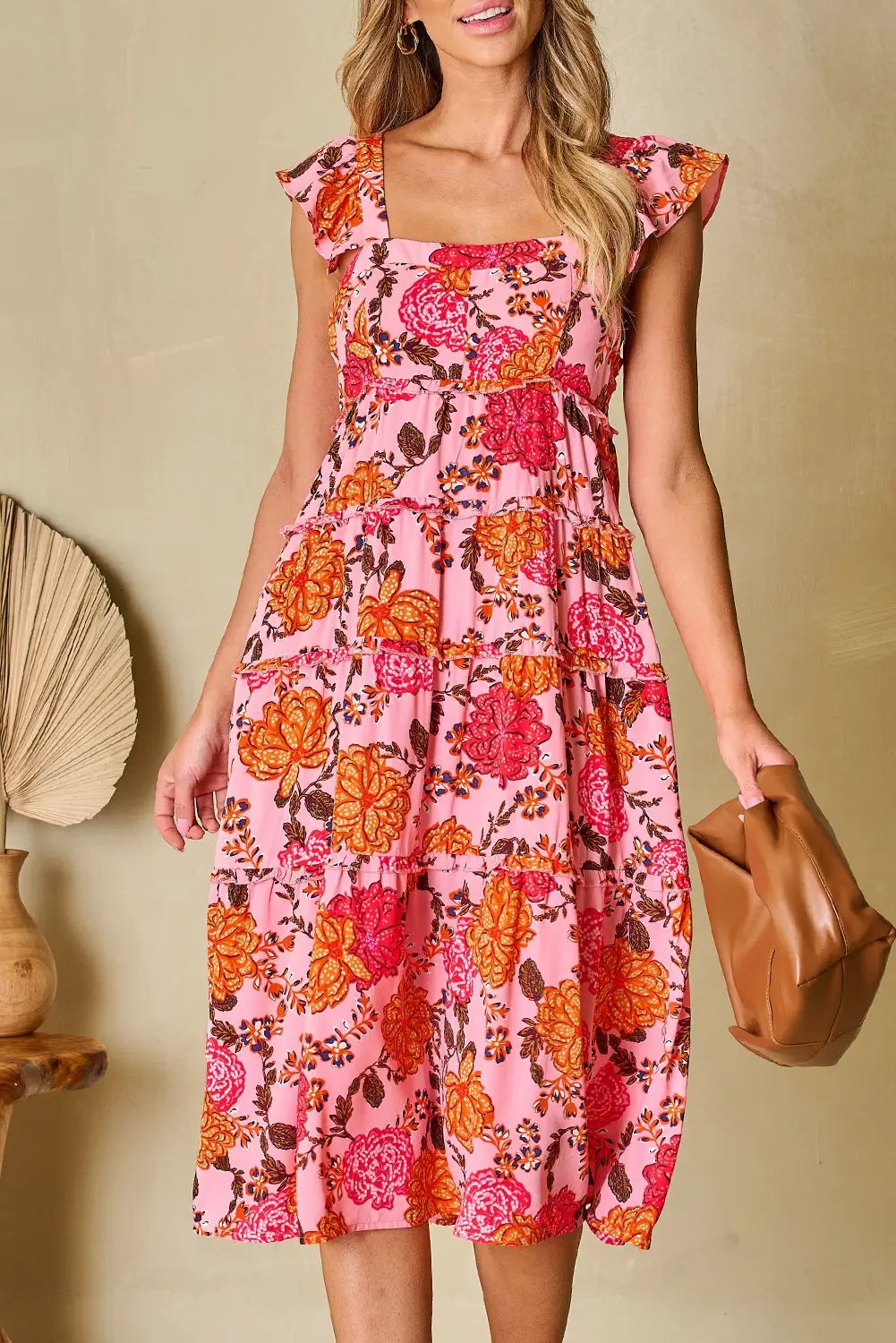 Grateful Threads Boutique Pink Floral Square Neck Ruffled Flutter Sleeve Tiered Midi Dress - Dresses Pink Floral Square Neck Ruffled Flutter Sleeve Tiered Midi Dress