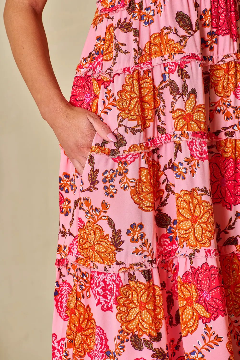Grateful Threads Boutique Pink Floral Square Neck Ruffled Flutter Sleeve Tiered Midi Dress - Dresses Pink Floral Square Neck Ruffled Flutter Sleeve Tiered Midi Dress