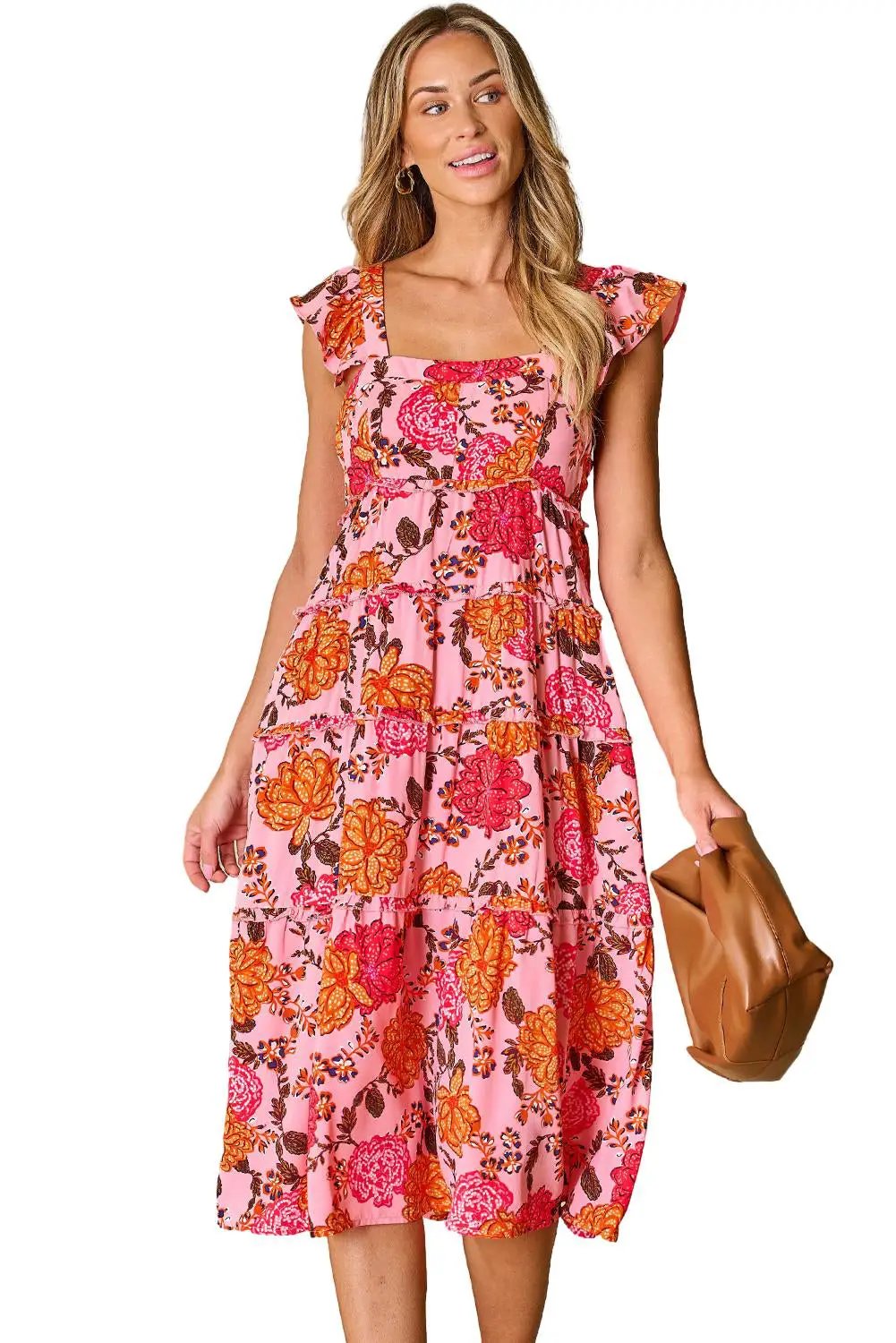Grateful Threads Boutique Pink Floral Square Neck Ruffled Flutter Sleeve Tiered Midi Dress - Dresses Pink Floral Square Neck Ruffled Flutter Sleeve Tiered Midi Dress