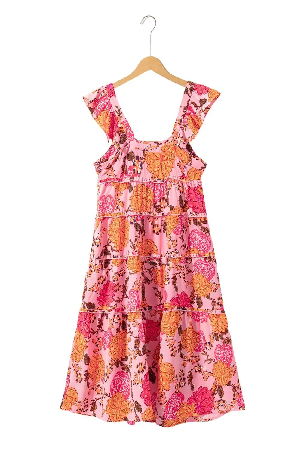Grateful Threads Boutique Pink Floral Square Neck Ruffled Flutter Sleeve Tiered Midi Dress - Dresses Pink Floral Square Neck Ruffled Flutter Sleeve Tiered Midi Dress