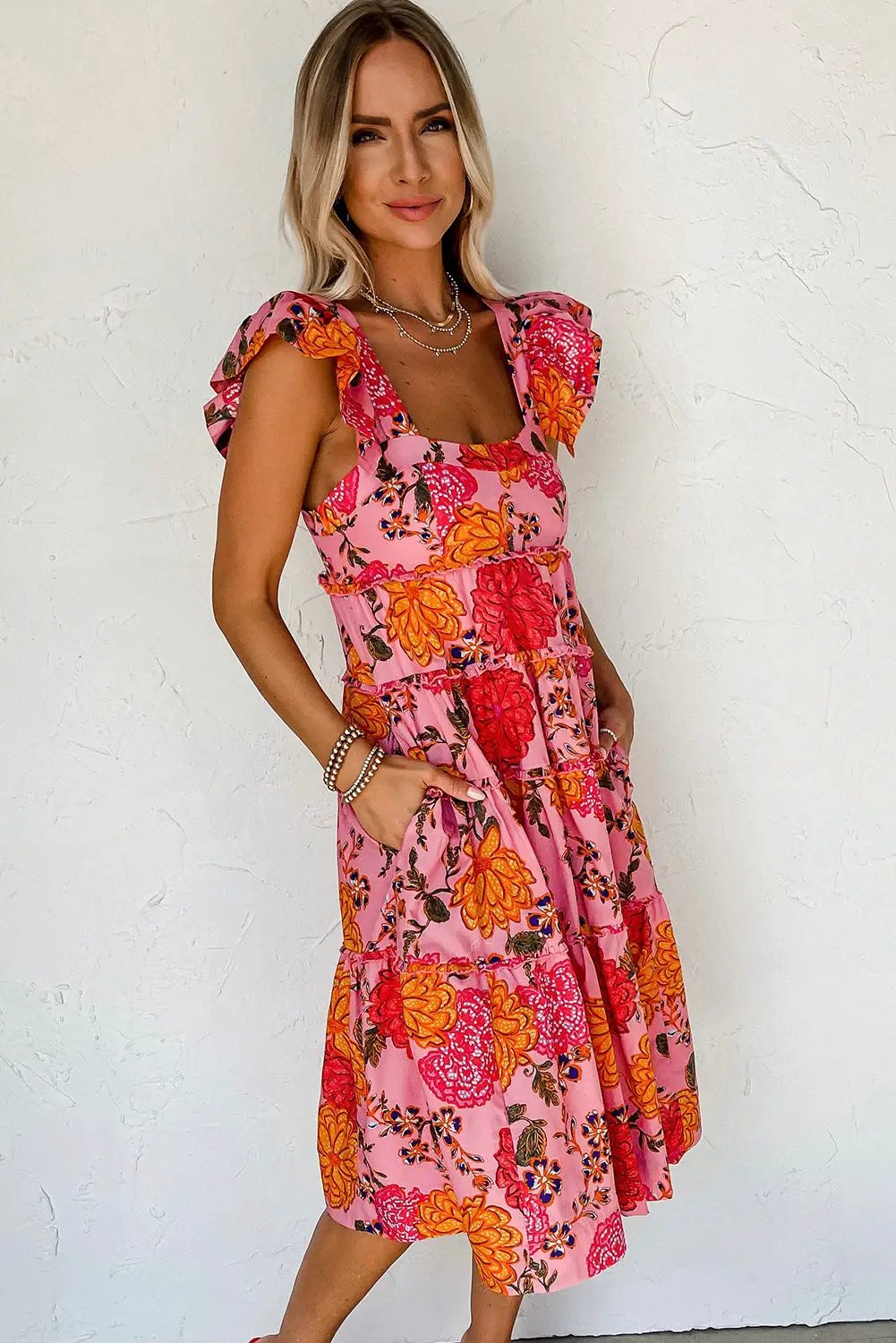 Grateful Threads Boutique Pink Floral Square Neck Ruffled Flutter Sleeve Tiered Midi Dress - Dresses Pink Floral Square Neck Ruffled Flutter Sleeve Tiered Midi Dress
