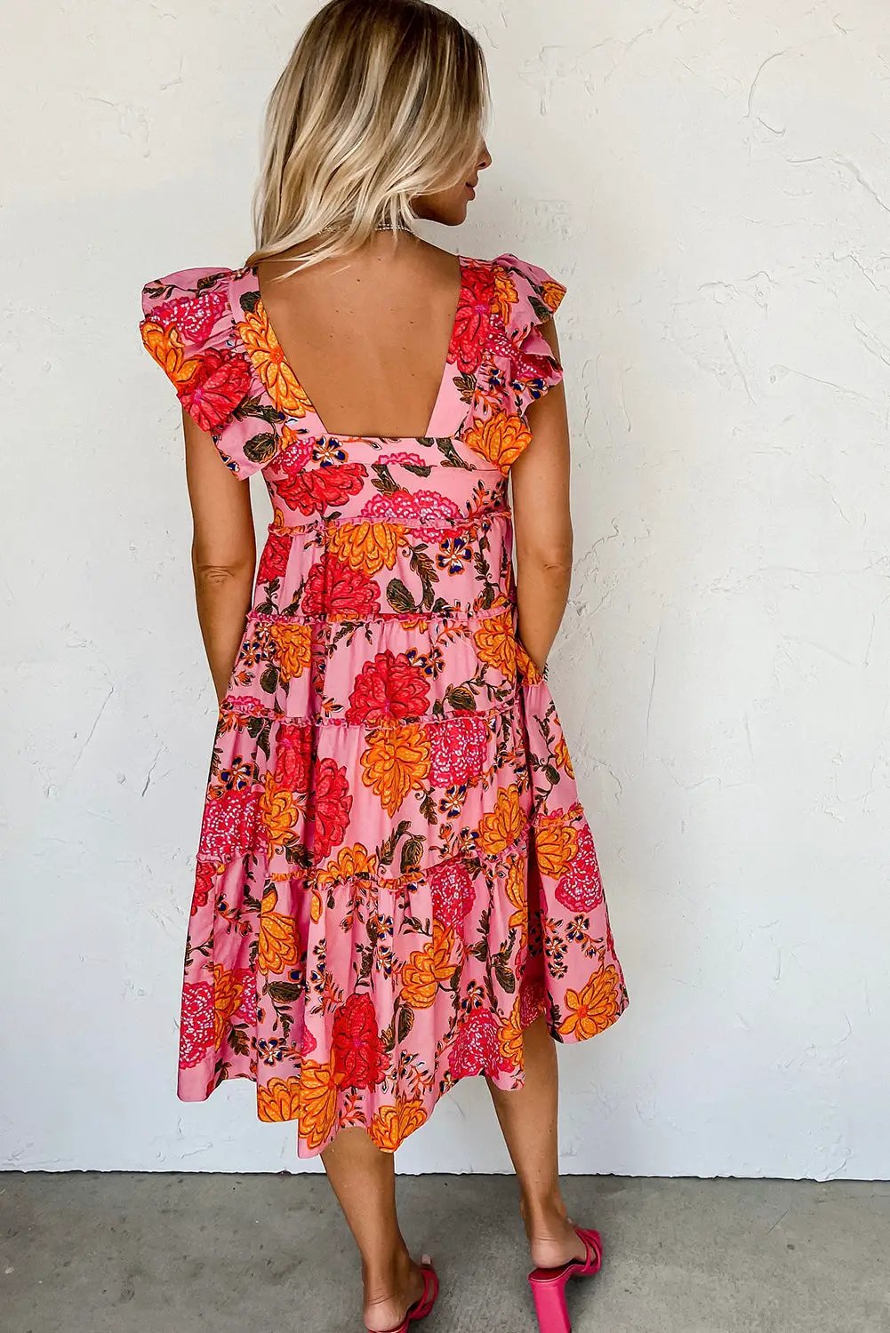 Grateful Threads Boutique Pink Floral Square Neck Ruffled Flutter Sleeve Tiered Midi Dress - Dresses Pink Floral Square Neck Ruffled Flutter Sleeve Tiered Midi Dress