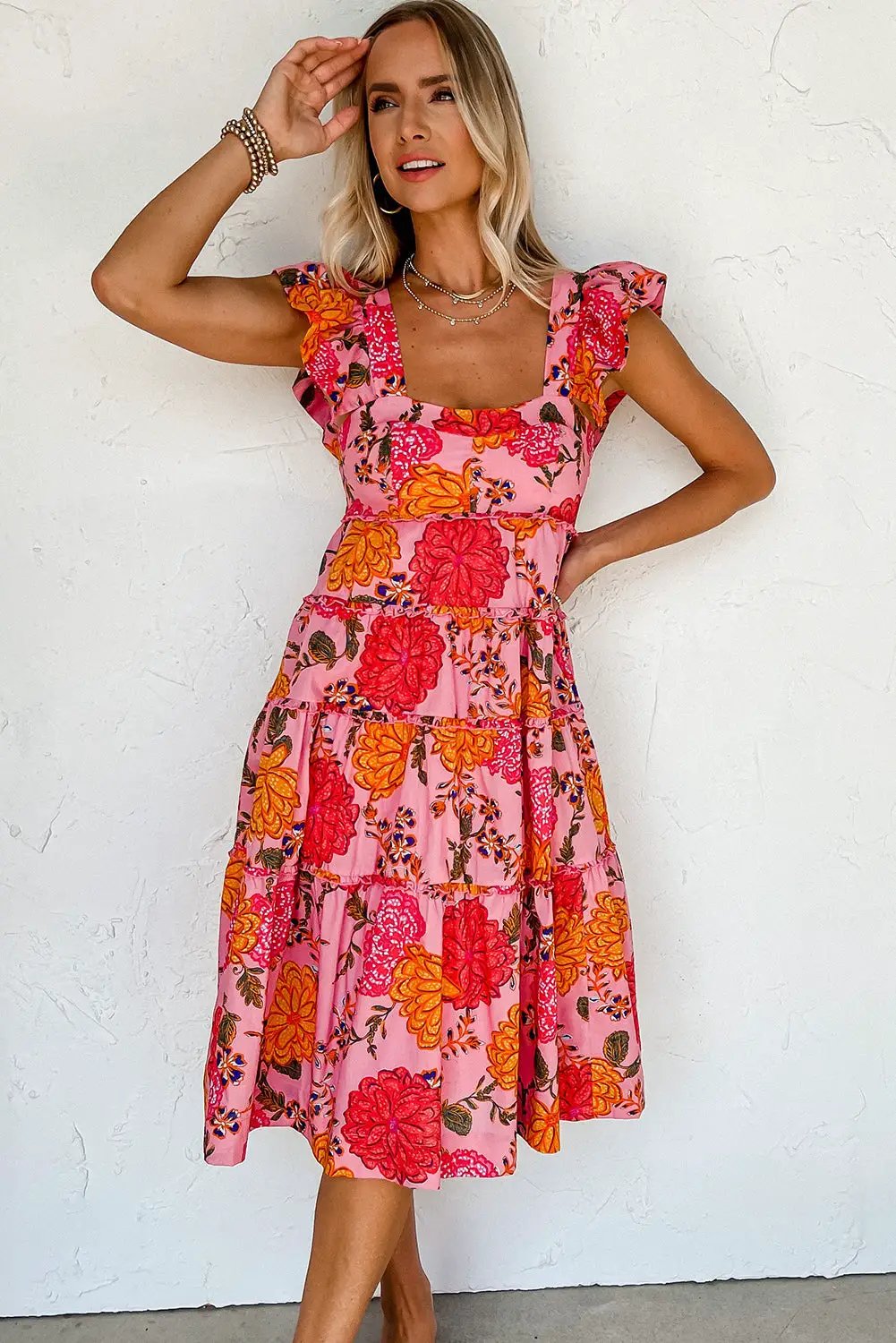 Grateful Threads Boutique Pink Floral Square Neck Ruffled Flutter Sleeve Tiered Midi Dress - Dresses Pink Floral Square Neck Ruffled Flutter Sleeve Tiered Midi Dress