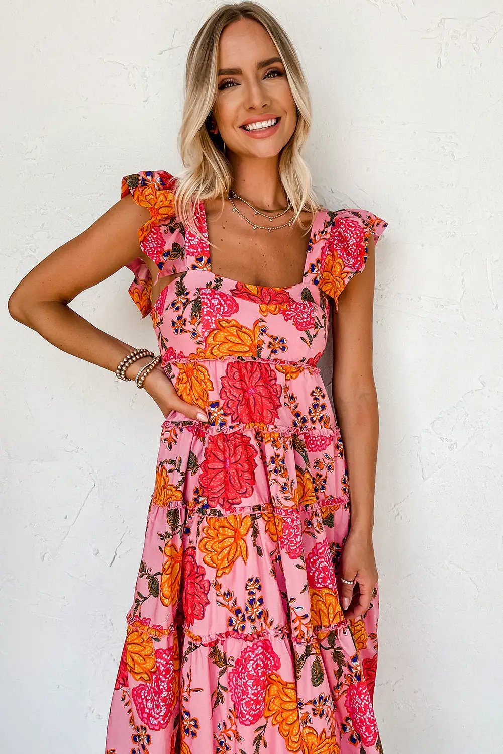 Grateful Threads Boutique Pink Floral Square Neck Ruffled Flutter Sleeve Tiered Midi Dress - Dresses Pink Floral Square Neck Ruffled Flutter Sleeve Tiered Midi Dress