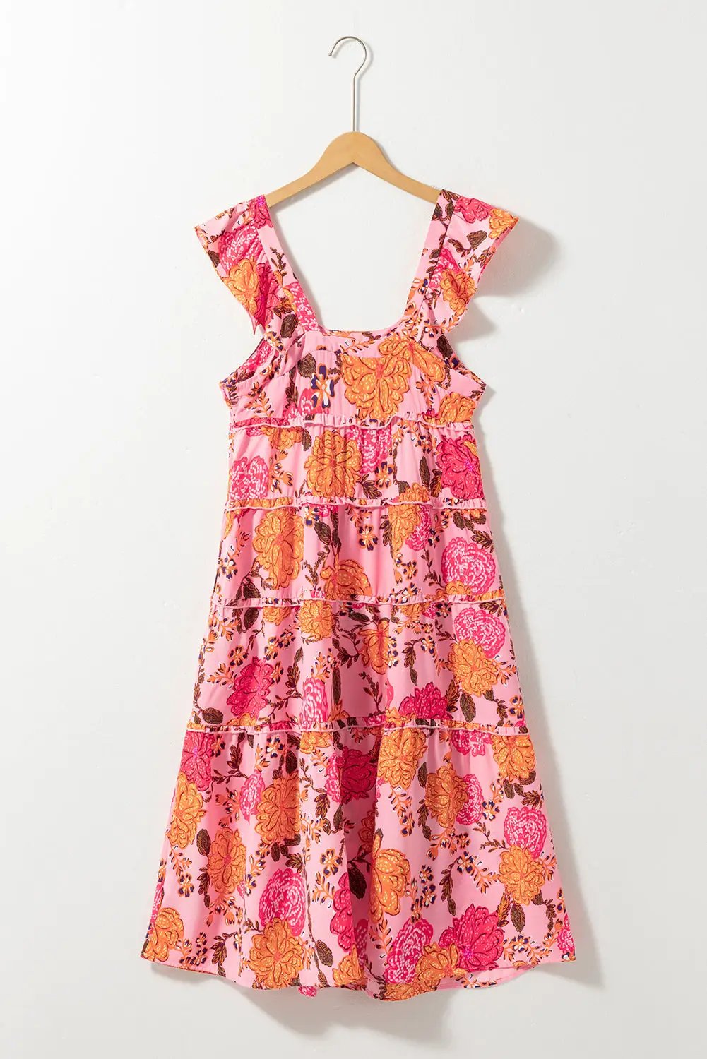 Grateful Threads Boutique Pink Floral Square Neck Ruffled Flutter Sleeve Tiered Midi Dress - Dresses Pink Floral Square Neck Ruffled Flutter Sleeve Tiered Midi Dress