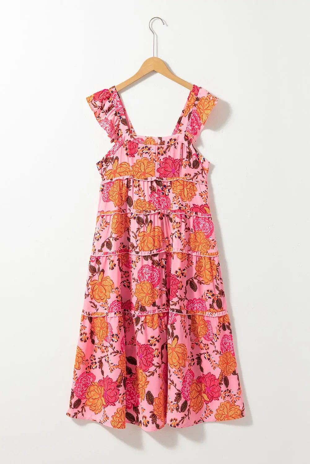 Grateful Threads Boutique Pink Floral Square Neck Ruffled Flutter Sleeve Tiered Midi Dress - Dresses Pink Floral Square Neck Ruffled Flutter Sleeve Tiered Midi Dress
