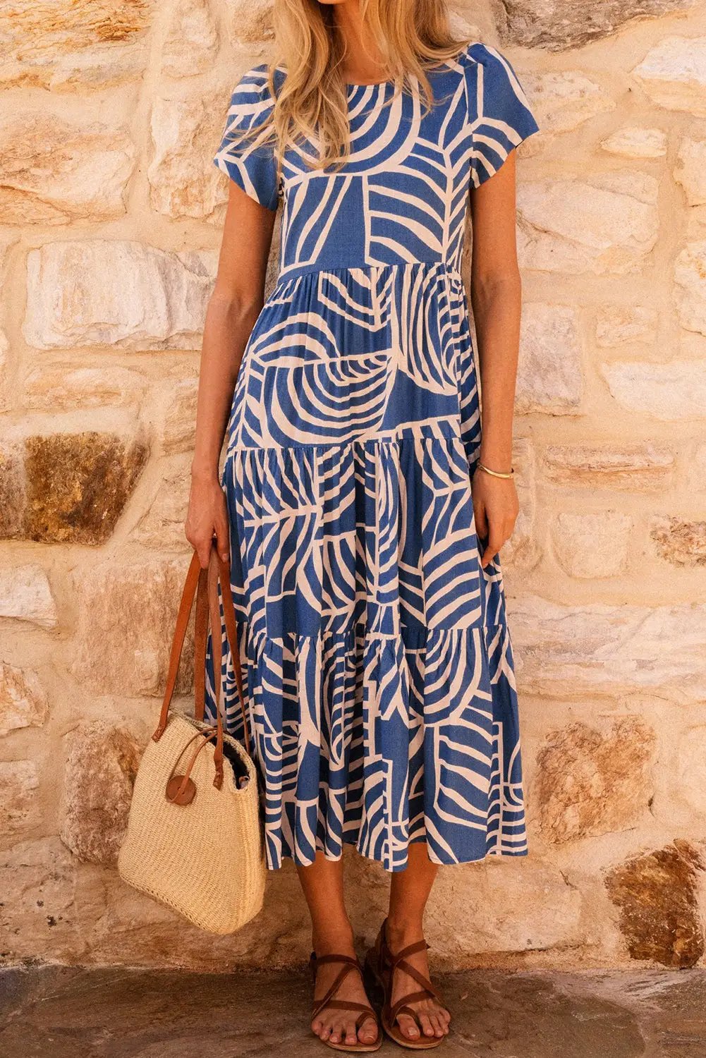 Grateful Threads Boutique Sky Blue Boho Printed Short Sleeve Flare Tiered Dress - Dresses Sky Blue Boho Printed Short Sleeve Flare Tiered Dress