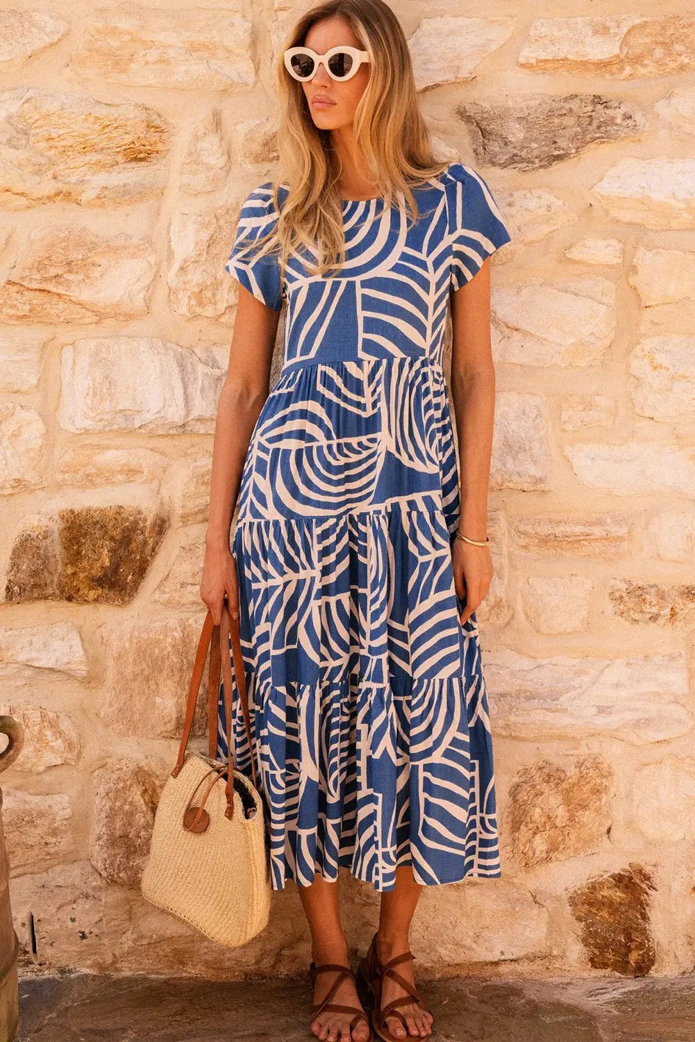 Grateful Threads Boutique Sky Blue Boho Printed Short Sleeve Flare Tiered Dress - Dresses Sky Blue Boho Printed Short Sleeve Flare Tiered Dress