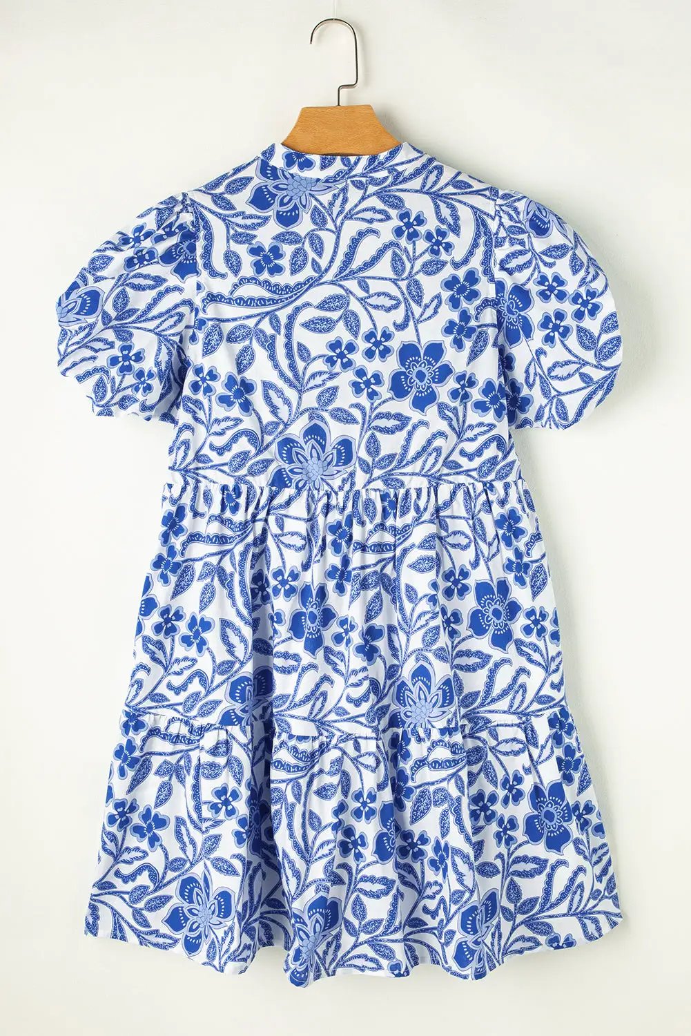 Grateful Threads Boutique Royal Blue Flower Print Tiered Puff Sleeve Dress - Dresses
