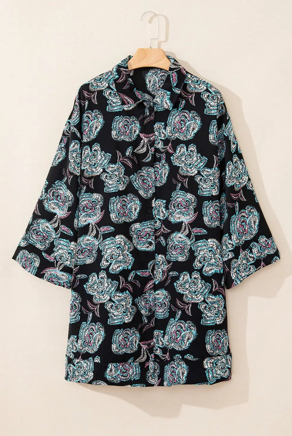 Grateful Threads Boutique Black Floral Print Lapel Collar Mini Dress - Dresses