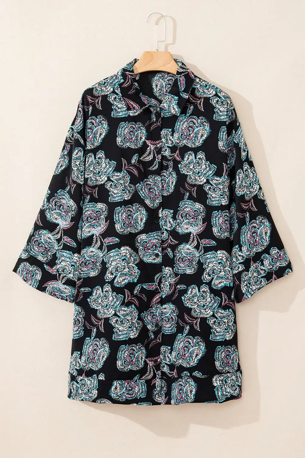 Grateful Threads Boutique Black Floral Print Lapel Collar Mini Dress - Dresses