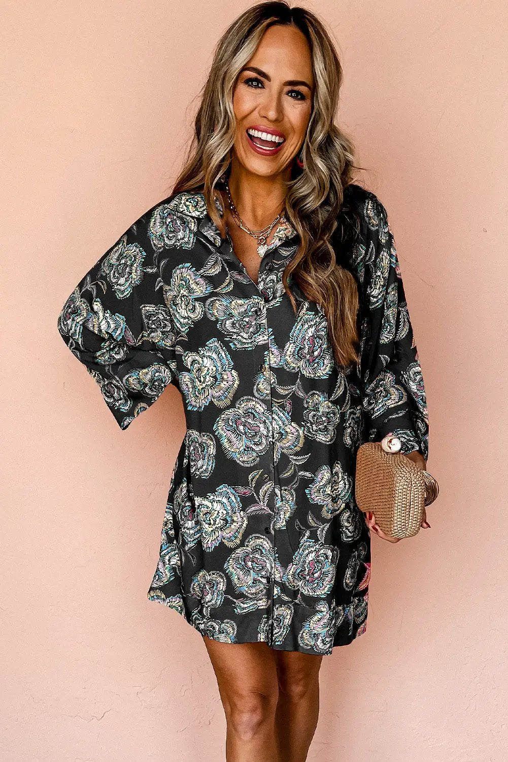 Grateful Threads Boutique Black Floral Print Lapel Collar Mini Dress - Dresses